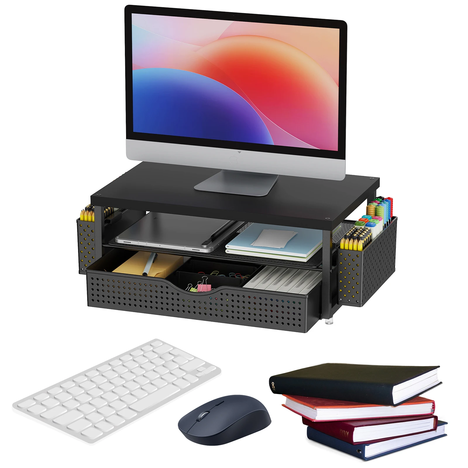 2-Tier Computer Monitor Stand Riser with Drawer and 2 Pen Holders Computer Stand Desk Monitor Riser Office Desk Accessories