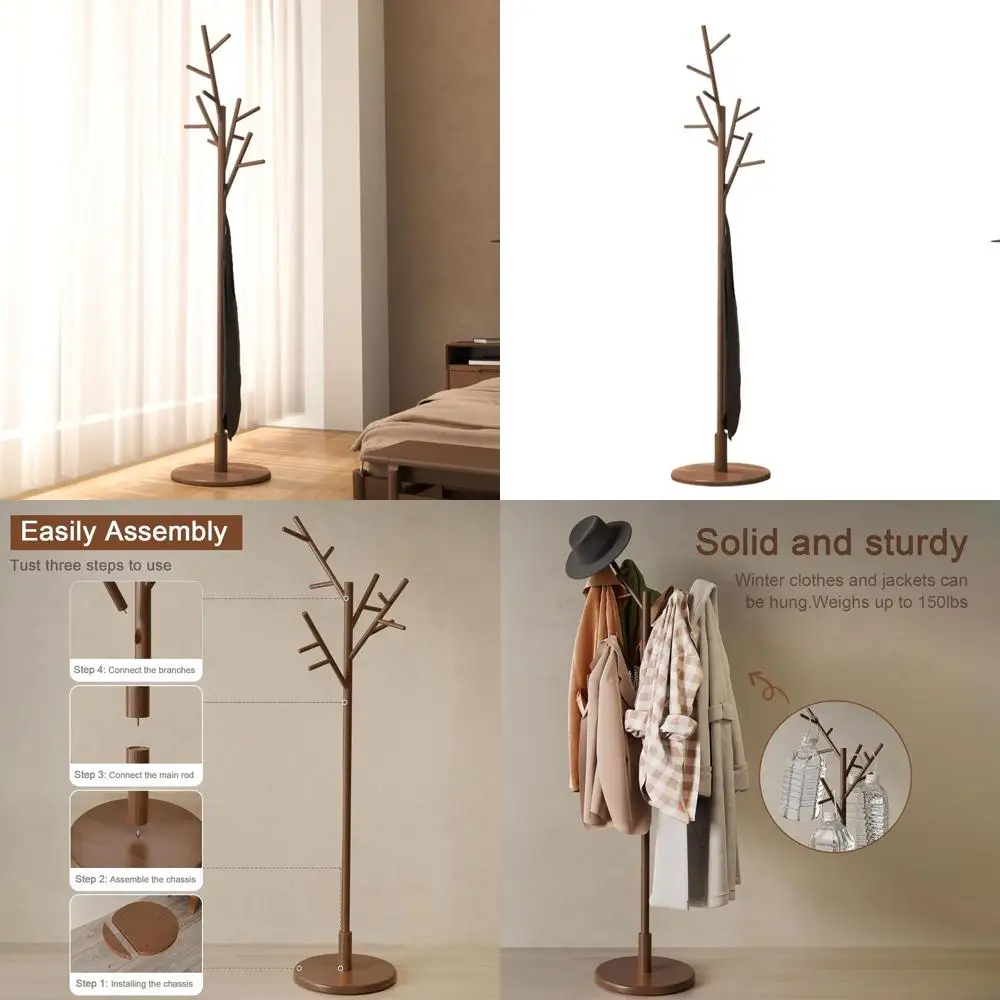 

12-Hook Solid Wood Freestanding Coat Rack with Adjustable Heights, Ideal for Entryway and Bedroom (Walnut)