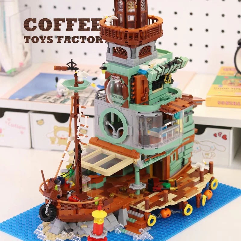 Villaggio di pesca cabina casa Micro mattoni modello negozio di pescatori mattoni MOC set City View Wharf Building Toys regali per bambini adulti