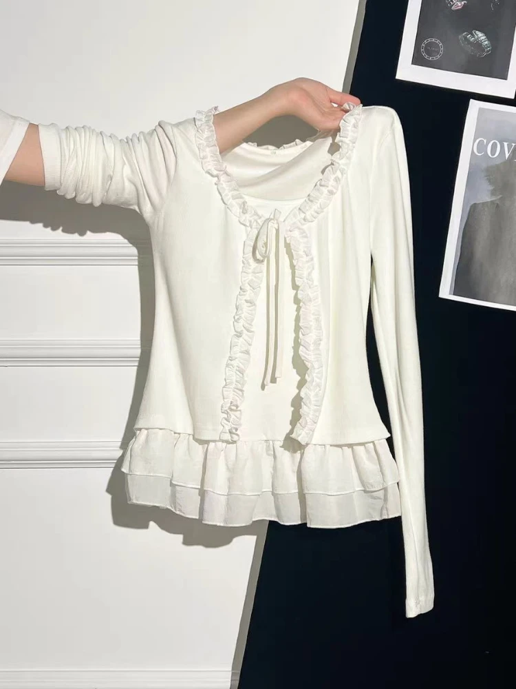 

Deeptown Sweet White T-shirts Women Korean Style False Two-piece Ruffles Tops Elegant Coquette Bow Kawaii Long Sleeve T-Shirts