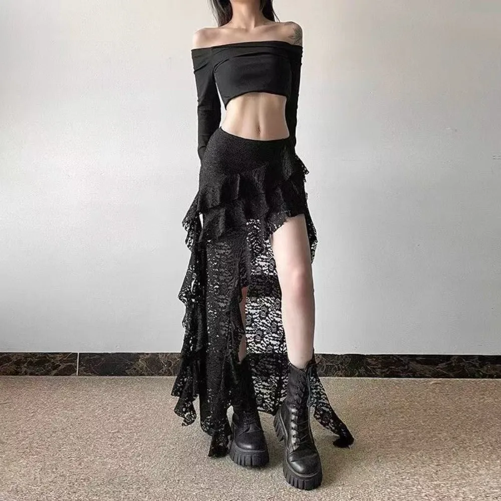 Summer Slimming Cake High Waisted Skirt Design with Lotus Leaf Long Skirt, Spicy Girl Patchwork Short Skirt, Lace Irregular Hem