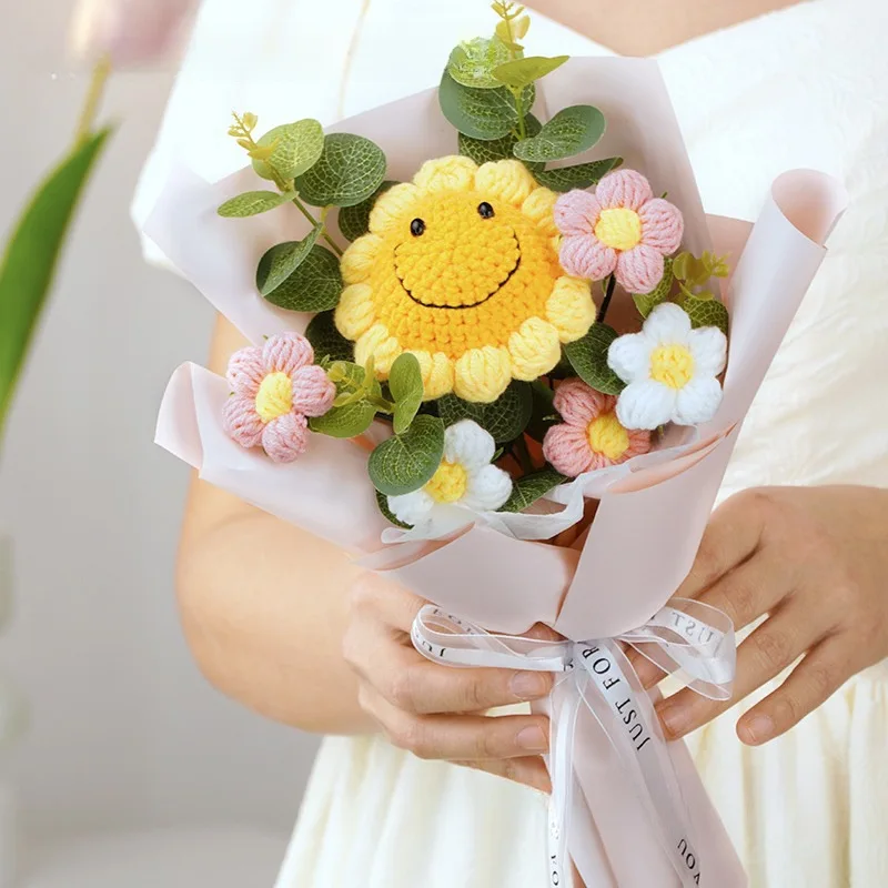 Finished Wool Handmade Smiley Sunflower Bouquet Crochet Knitted Flower Simulation Flower