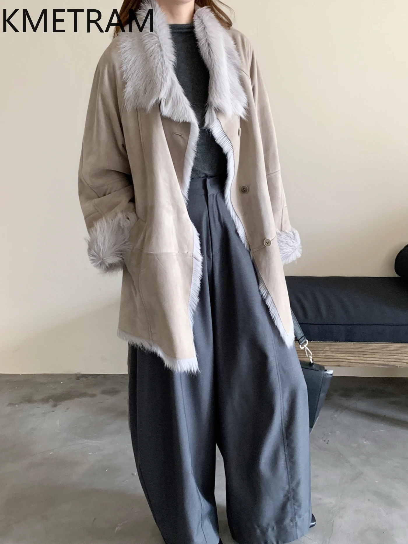 KMETRAM 100% Natural Goat Sheepskin Wool Fur Coat with Removable Belt Light Grey Winter Women Clothing 2025 manteaux hiver femme