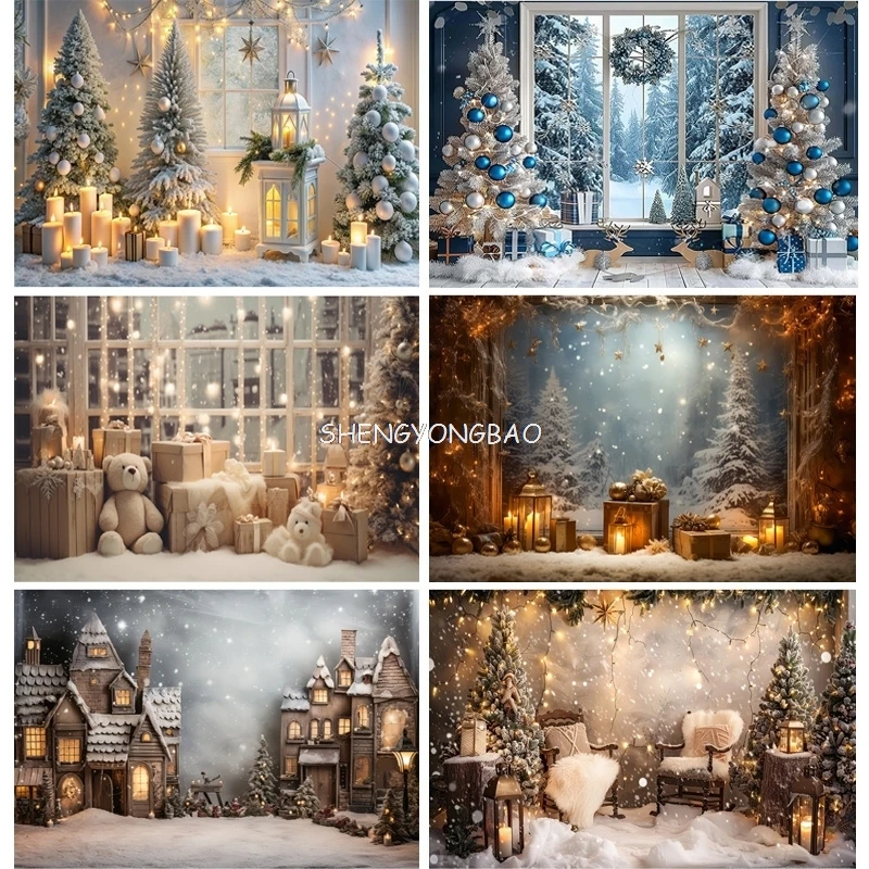 

Christmas Tree With Gift Boxes Photography Backdrops Winter Snow Decorations Wooden Door Fireplace Room Background Props WR-09