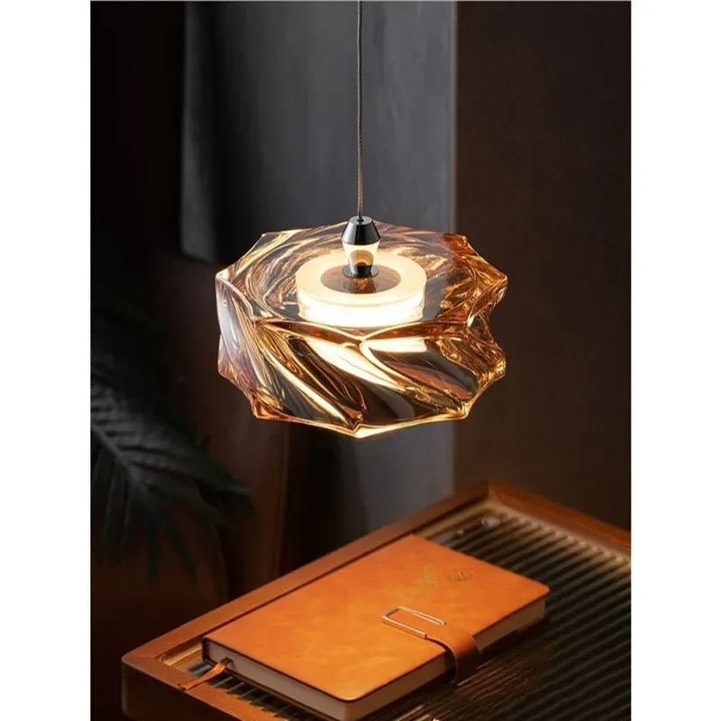 Italian Minimalist Amber Glass Chandelier for Bedroom Bedside Luxury Pendant Light Modern Decorative Hanging Lamp for Master