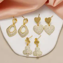 FLOLA Gold Plated Heart Earrings for Women Clear Crystal Clover Ear Studs Simple Jewelry Party Gifts ersa396