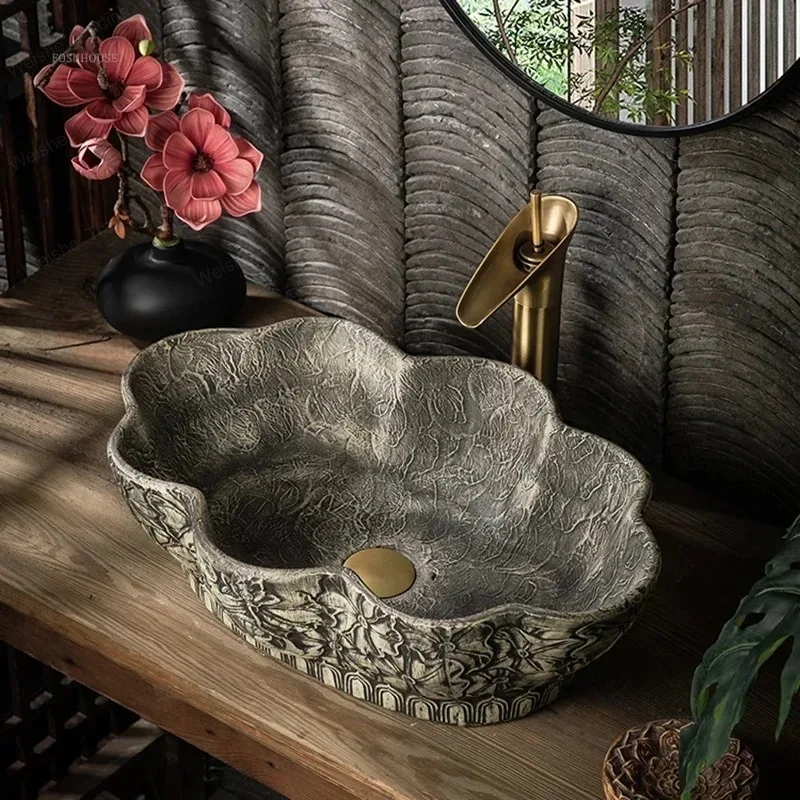 

Ceramic Bathroom Sinks Art Countertop Sinks Hotel Antique Washbasin Special-shaped Deepened Wash Basin Creative Retro Basin X