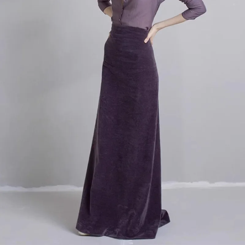 

Withered Velvet Floor Length Skirt, Viscose Silk Blend, Glossy Texture, Large Swing Skirt Woman Clothing Faldas Skirts