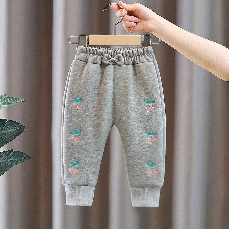 Infant Baby Winter Pants Embroidery Bow Elastic Waist Thick Warm Fleece Girls Casual Sport Pants Kids Girl Trousers