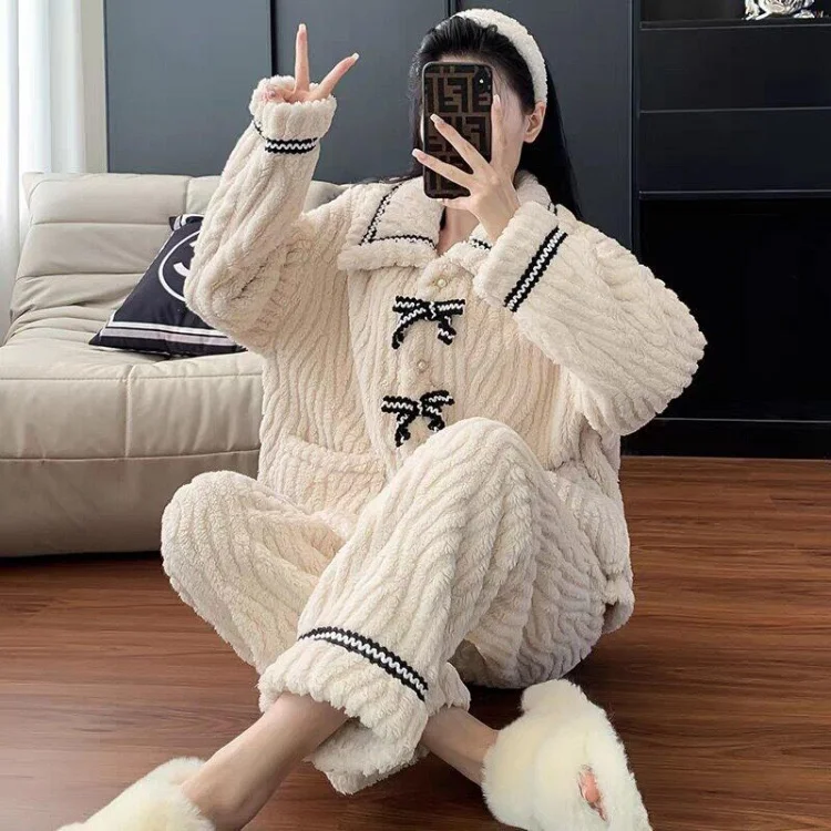 CHUANGERM Damen-Pyjamas für Herbst und Winter, Studenten-Hauskleidung, Gepolsterte und Verdickte Warme Prinzessinnen-Kleidung, Damenbekleidung – Detail 5