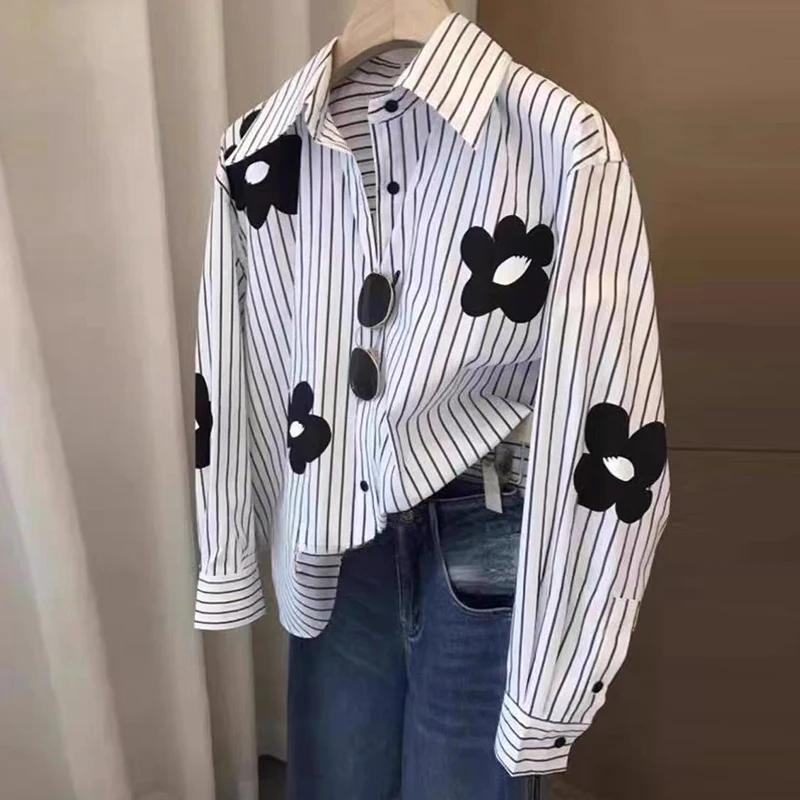 Chemise ample et chemisier à manches longues, col rabattu, rayures florales, nouveau dans les vêtements, haut décontracté, simple boutonnage, bureau, dame, blanc