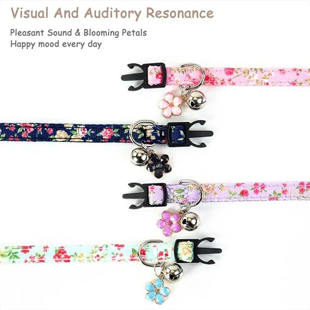 Adjustable Cat Collar with Flower and Bells Embellished Pet Collar Colorful Plaid Jacquard Pattern for Cat and Puppy Dog Collars