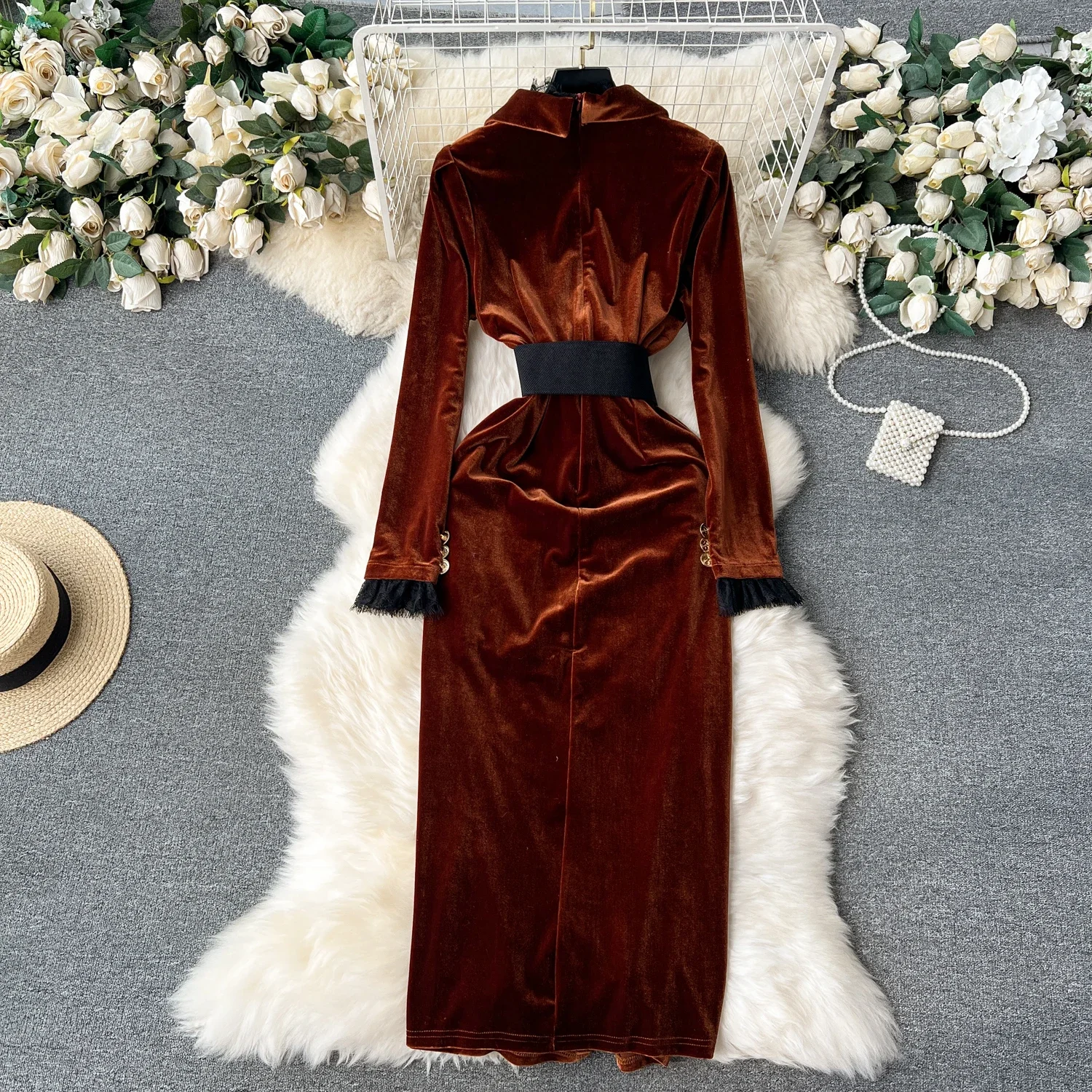 Elegant Long Sleeves Vintage Notched Collar Chic Metal Buckle Slim Sashes Velvet Long Dresses High Street Autumn Winter Clothing