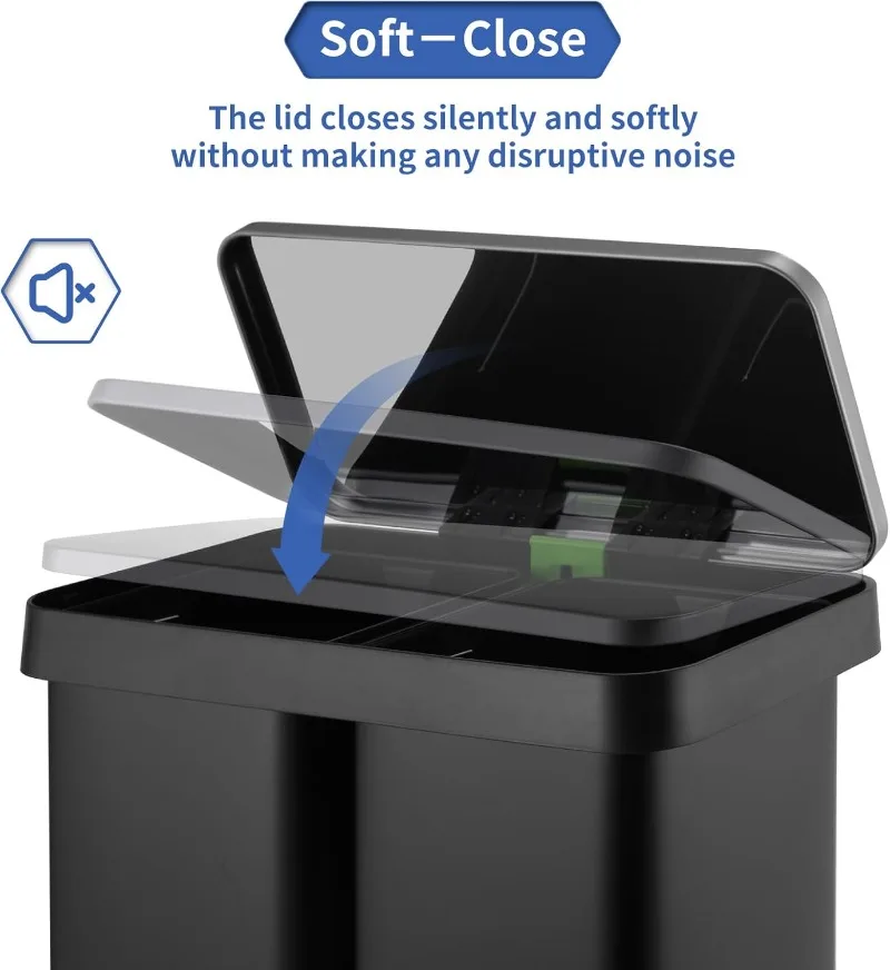 

16 Gallon Dual Compartment Trash Can, Hands-Free Recycling Rectangular Garbage Bin, Stainless Steel Step-On Dustbin