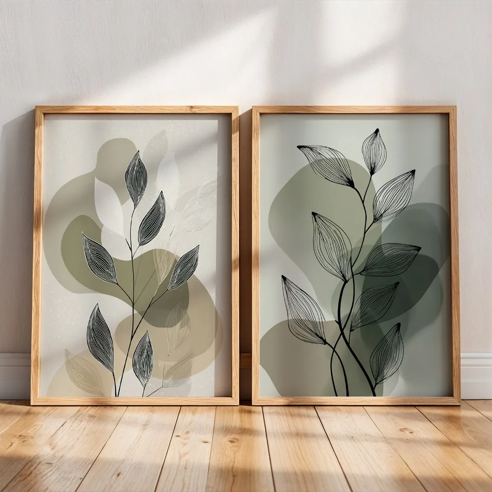 2pcs Frameless Sage Green and Leaf Wall Art, Abstract Plant Prints, Suitable for Modern Minimalist Scandinavian Wall Decoration