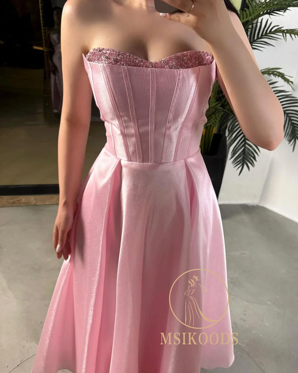 Msikoods 핑크 생일 드레스 Strapless 스팽글 새틴 댄스 파티 드레스 라인 미디 우아한 파티 드레스 공식 게스트 가운 Customizd