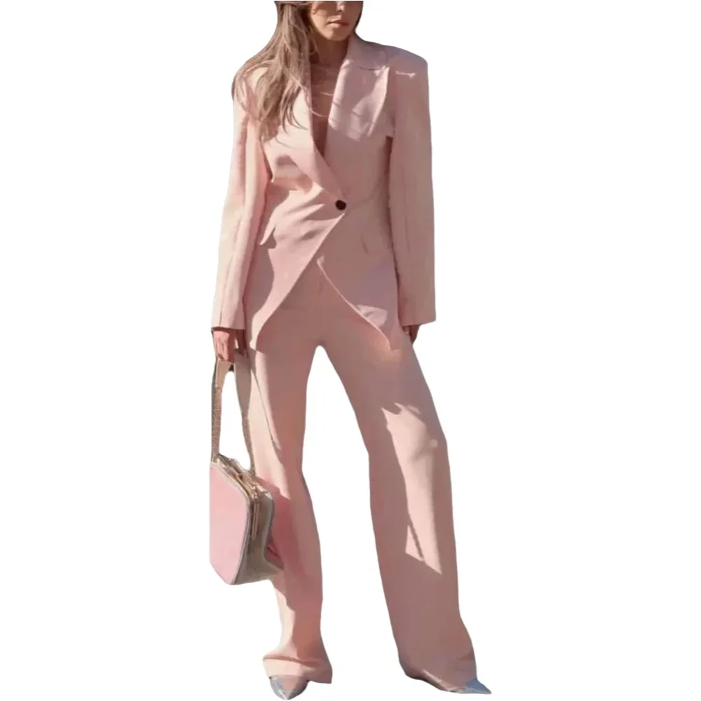 Light Pink Women Suit Modish Single Button Incline Peaked Lapel High Street Casual Outfit Female Daily Fashion Set Two Piece