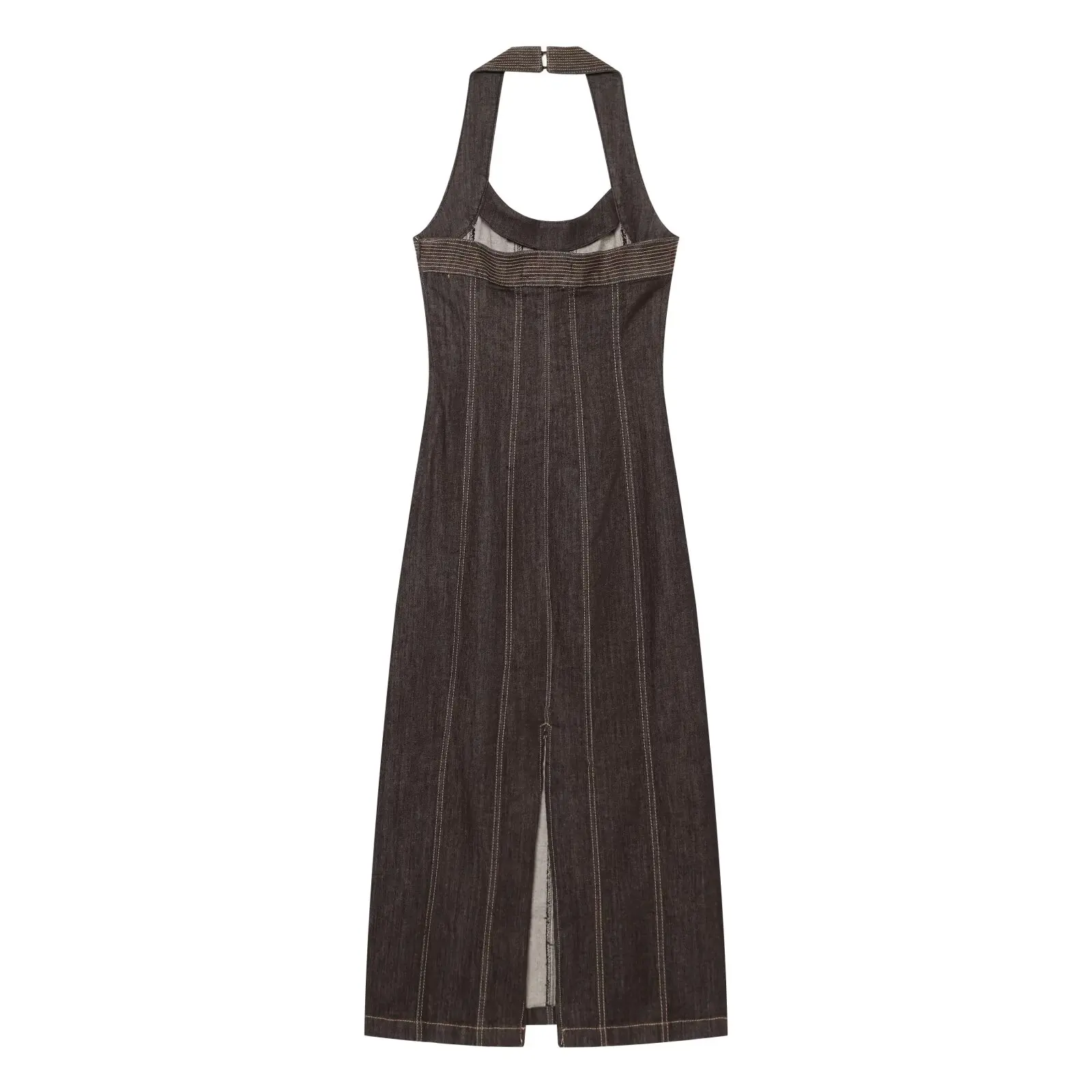 Damen Sexy Rückenfreies Neckholder-Kleid, Modisches Ärmelloses Einfarbiges Kleid, Elegantes Schlankes Sommerkleid in Braun – Detail 5