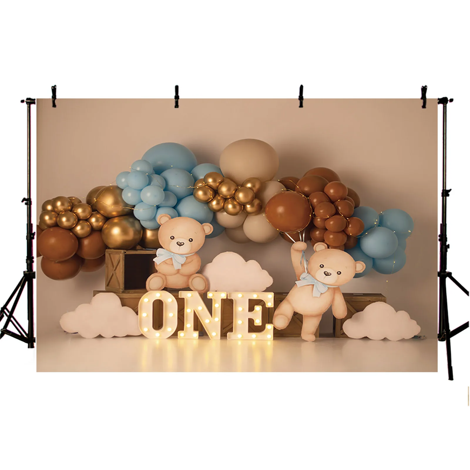 Cute Bear Photography Background White Clouds Colorful Balloons Party Decor Backdrop Kids Cake Smash 1st Birthday Photozone