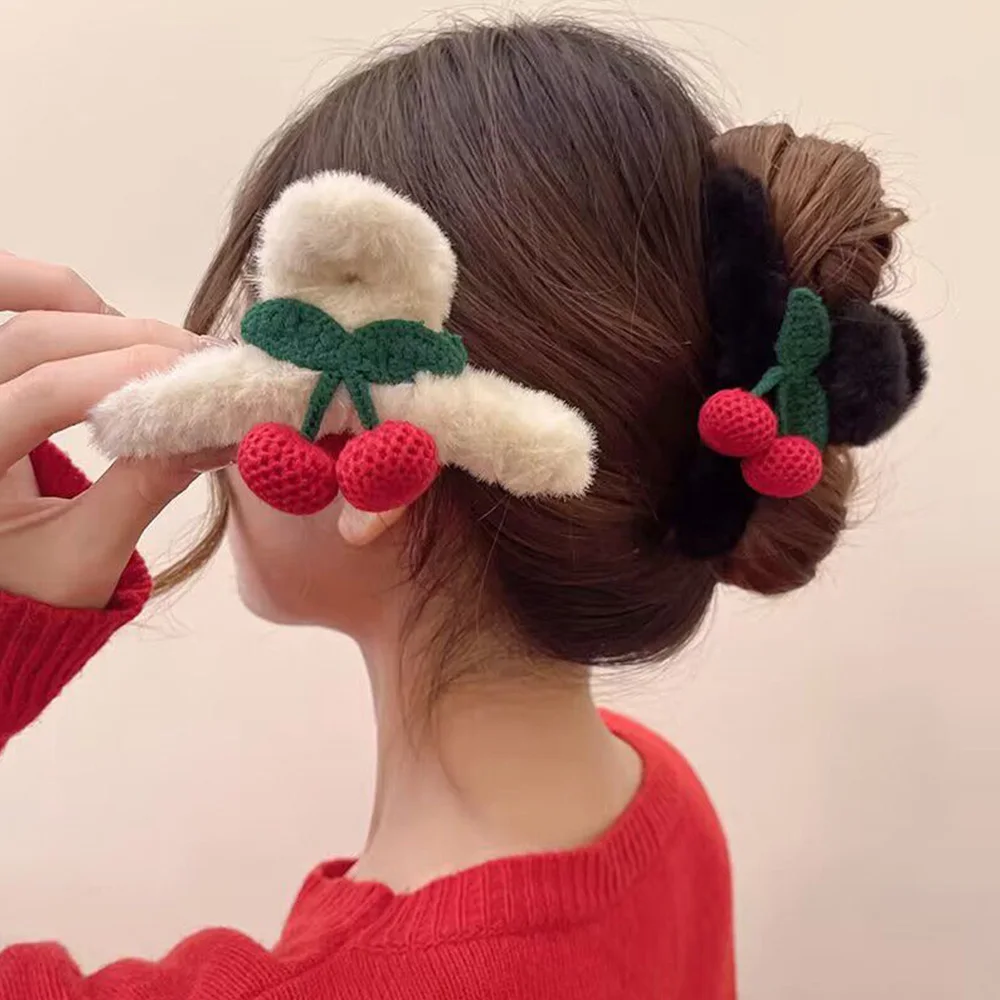 Autumn Solid Plush Cherry Hair Claw New Elegant Ponytail Hair Clip Simple Versatile Hair Accessories Woman Hairpin Shark Clip