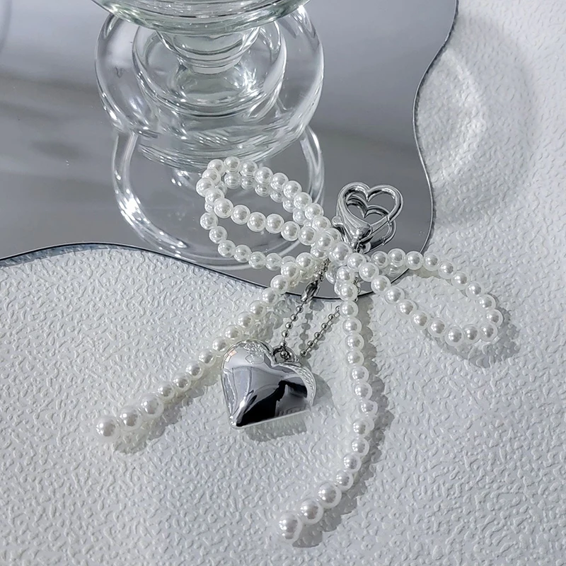 

Korean Sweet Pearl Bow Keychain Heart Pendant Keyring Y2K Aesthetic Key Holder For Girls Bag Pendant Accessories