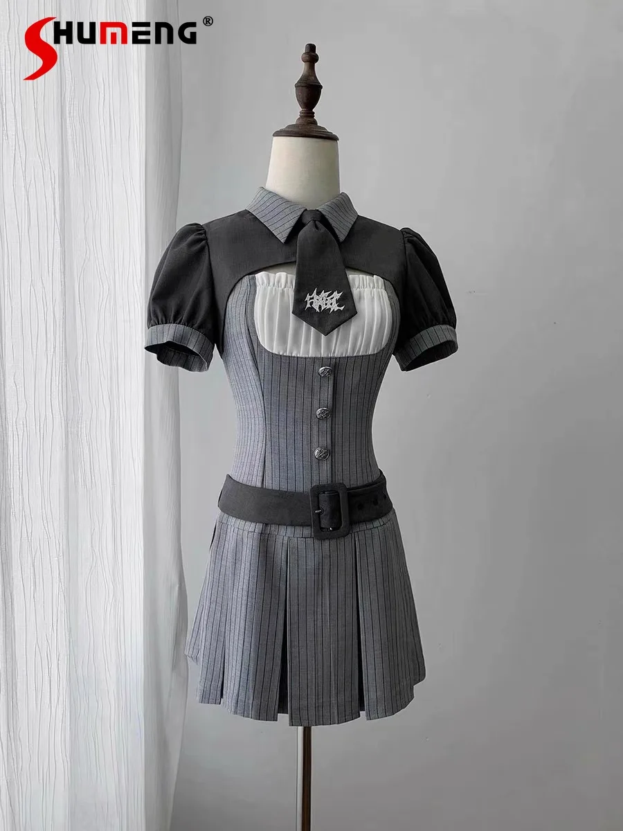 

Subculture Gothic Striped Dress Set Summer New 2026 Women's Slim Sweet Cool Dress Waistcoat 2-piece Set Preppy Style Y2k Dress