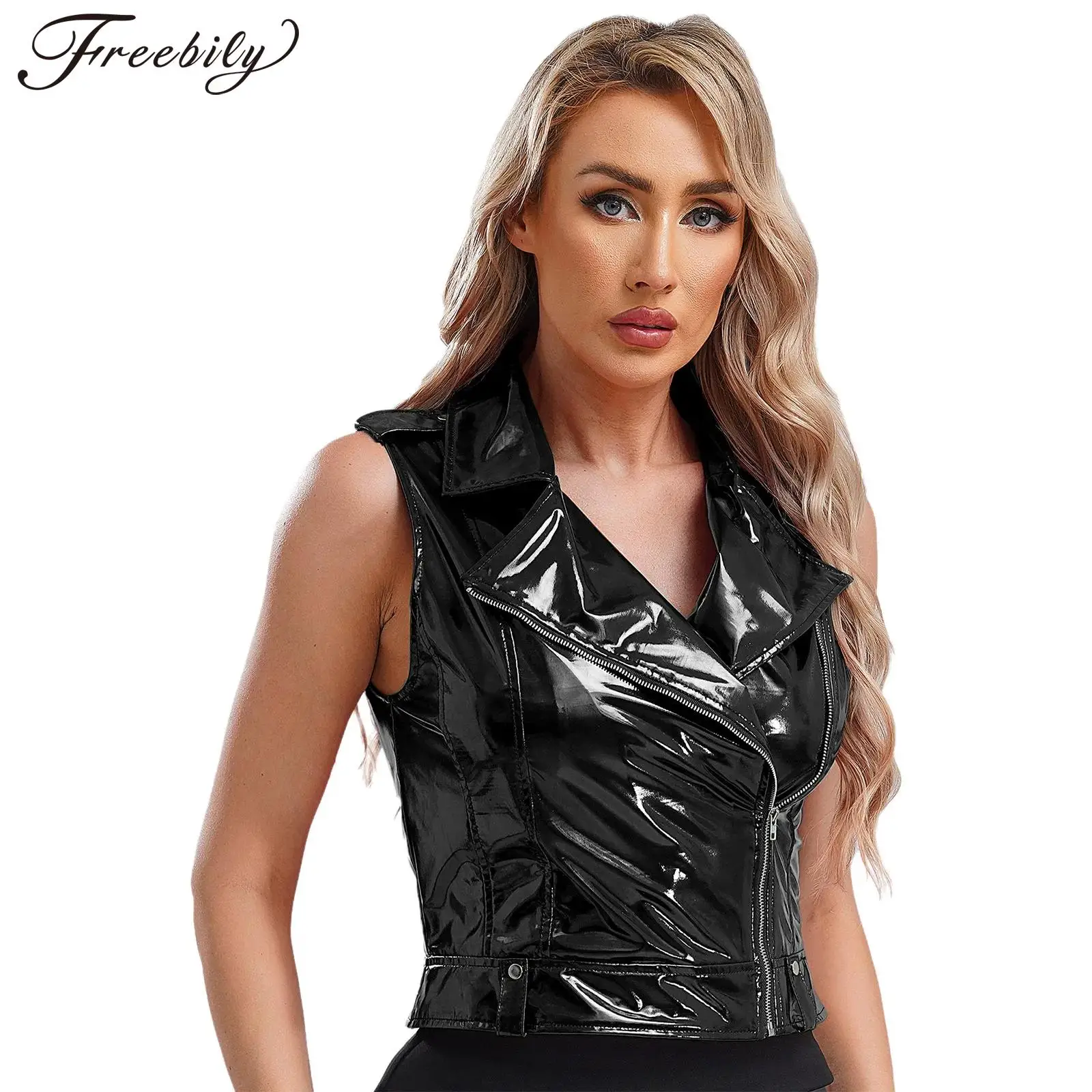 Women Wet Look Patent Leather Vest Sleeveless Zipper Lapel Tank Top Motorcycle Waistcoat Disco Pole Dance Clubwear Streetwear