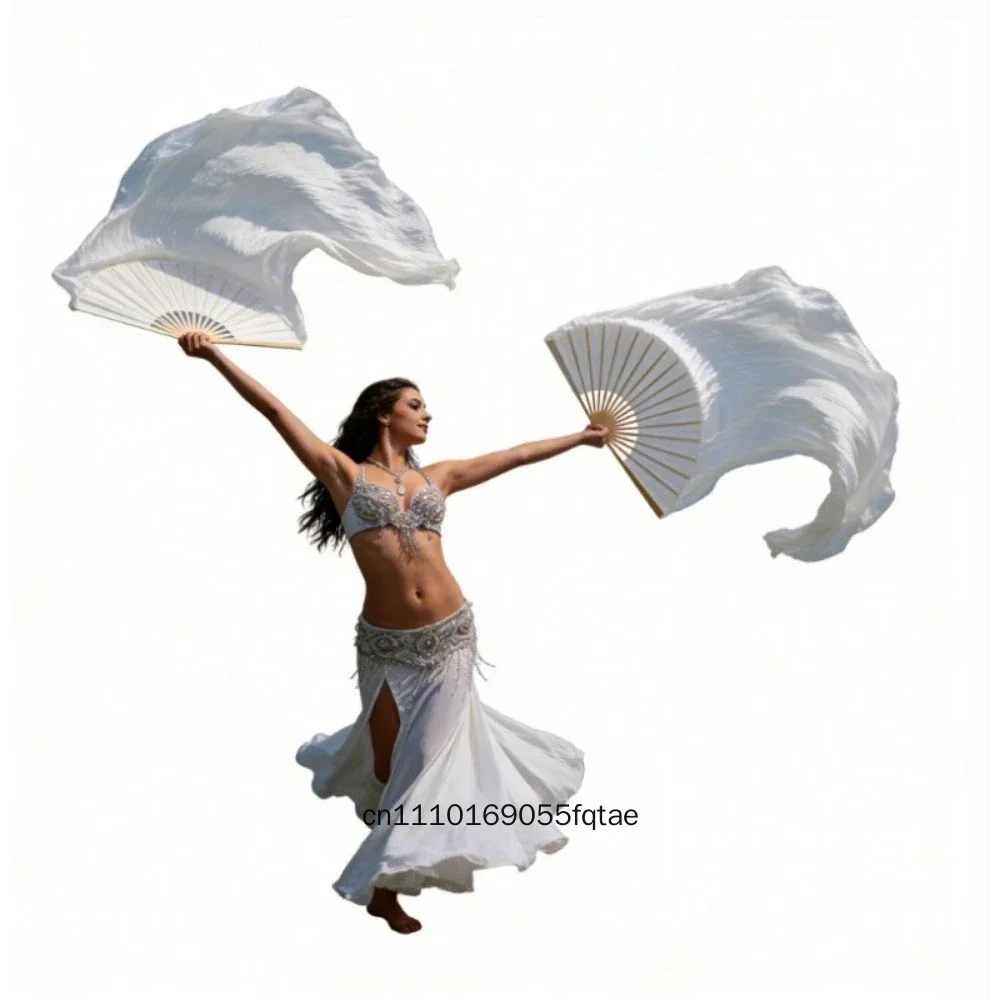 Women Belly Dance Silk Fan Veil 180cm Hand Dyed Pure Silk Foldable Bamboo Frame Stage Performance Dance Prop Single Pair Option