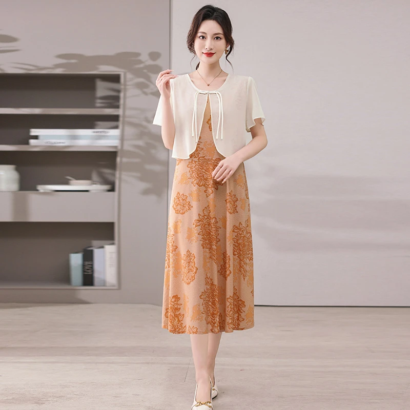 夏フェイクツーピースパッチワークドレスヴィンテージブロークンフラワー婦人服スタイリッシュな中国ディスクバックル A ラインミディドレス