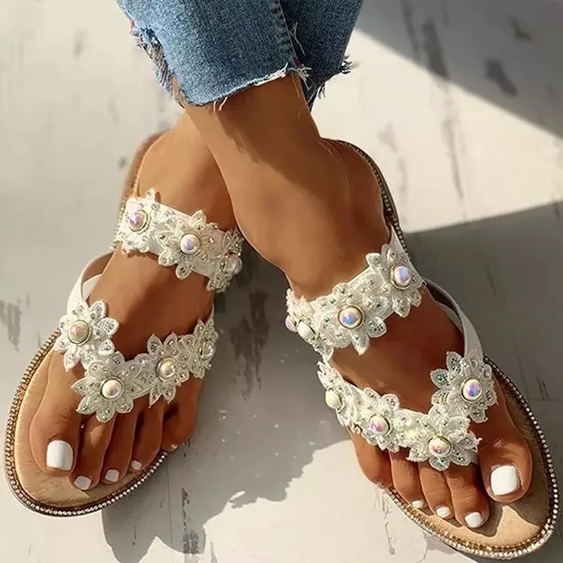 

Women Slippers Summer Lace Boho Folk-custom Artisanal Ladies Flat Slippers Casual Breathable Comfortable Beach Women Flip Flop