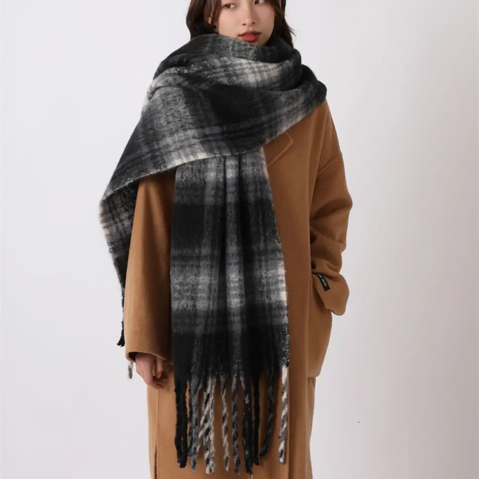 Retro Mohair Plaid Wool Scarf for Women