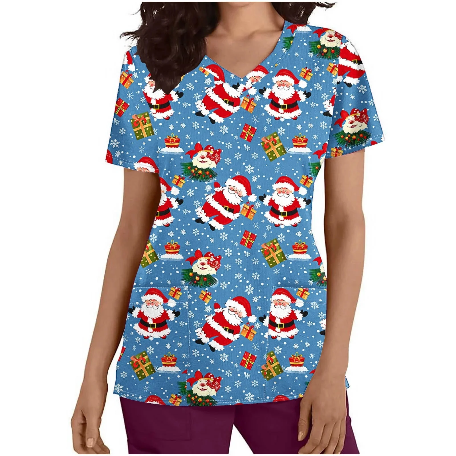 Women's Christmas Scrubs Medical Uniform, Cute Christmas Print, Soft And Comfortable Clothing Material, Short Sleeved V Neck Poc