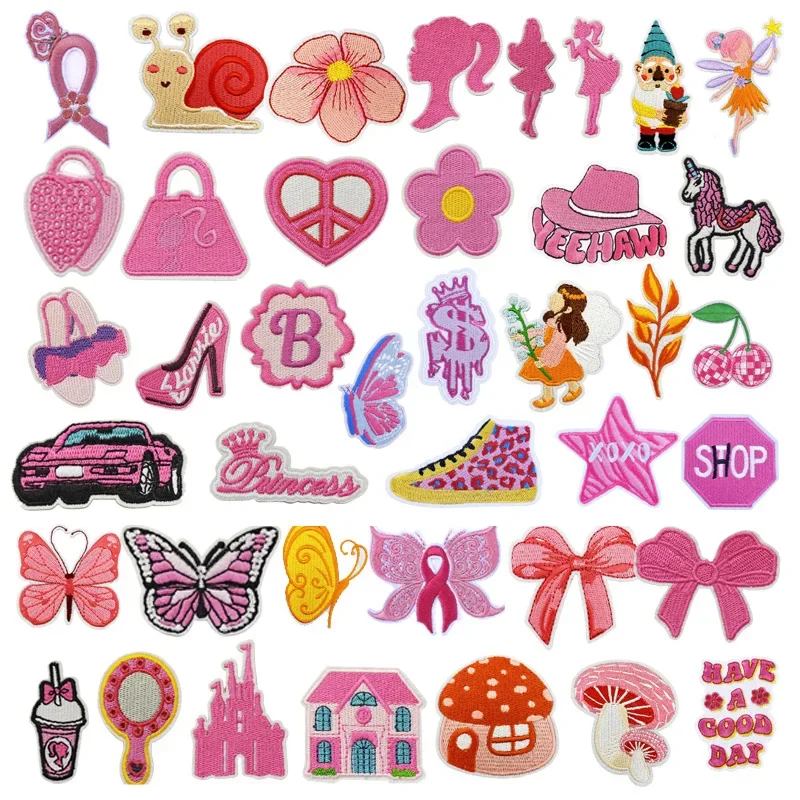 Embroidered Ironing Patch Mushroom Doll Cute Fairy Love Animal Sticker Pink Series Bow Cartoon Girl Badge Iron on Patch