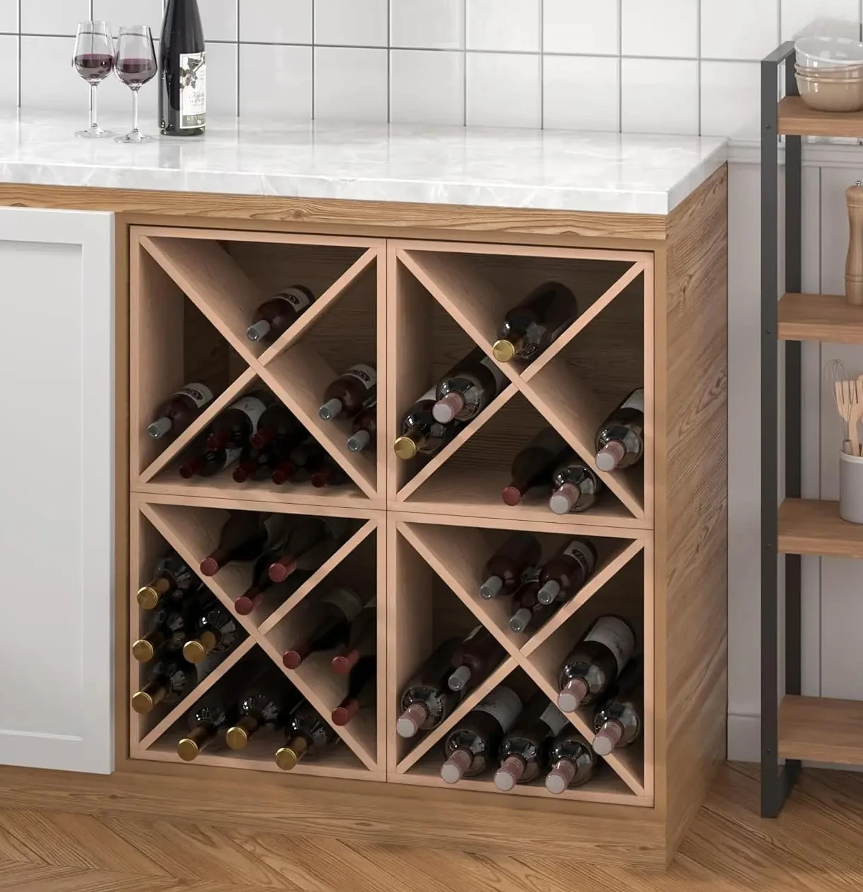 96 Botol Rak Anggur Meja Penyimpanan Anggur Kubus Tempat Anggur Berdiri Bebas Rak Penyimpanan Kayu untuk Dapur Rumah Bar