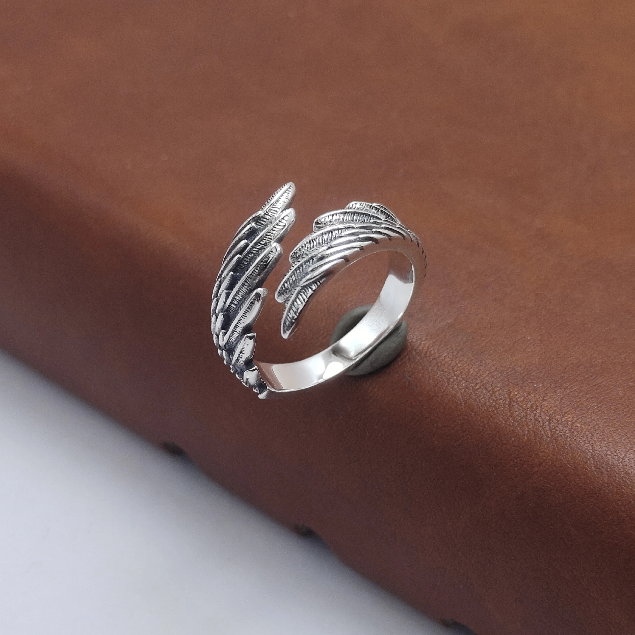 

S925 silver k-style retro angel wings ring casualniche style design wings feather index finger ring