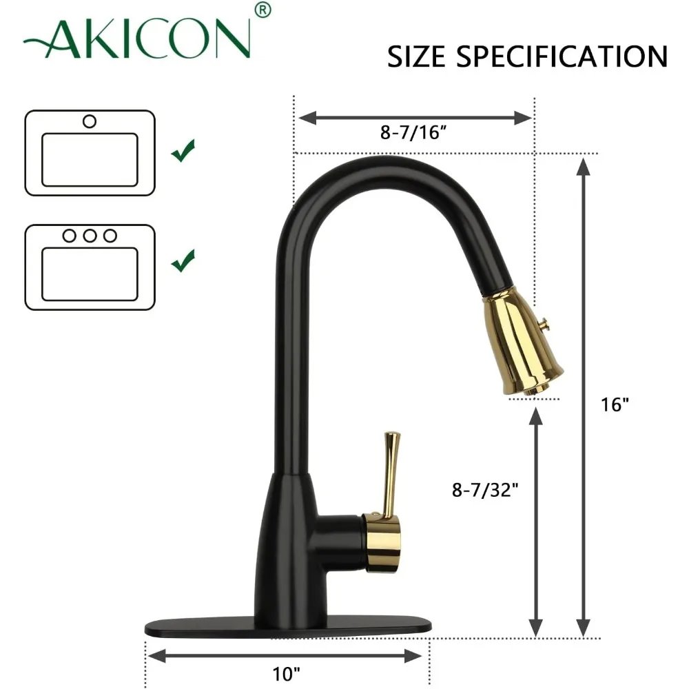Torneira de cozinha suspensa em dois tons, preta fosca e dourada com placa de convés – garantia de 5 anos, durabilidade de longa duração
