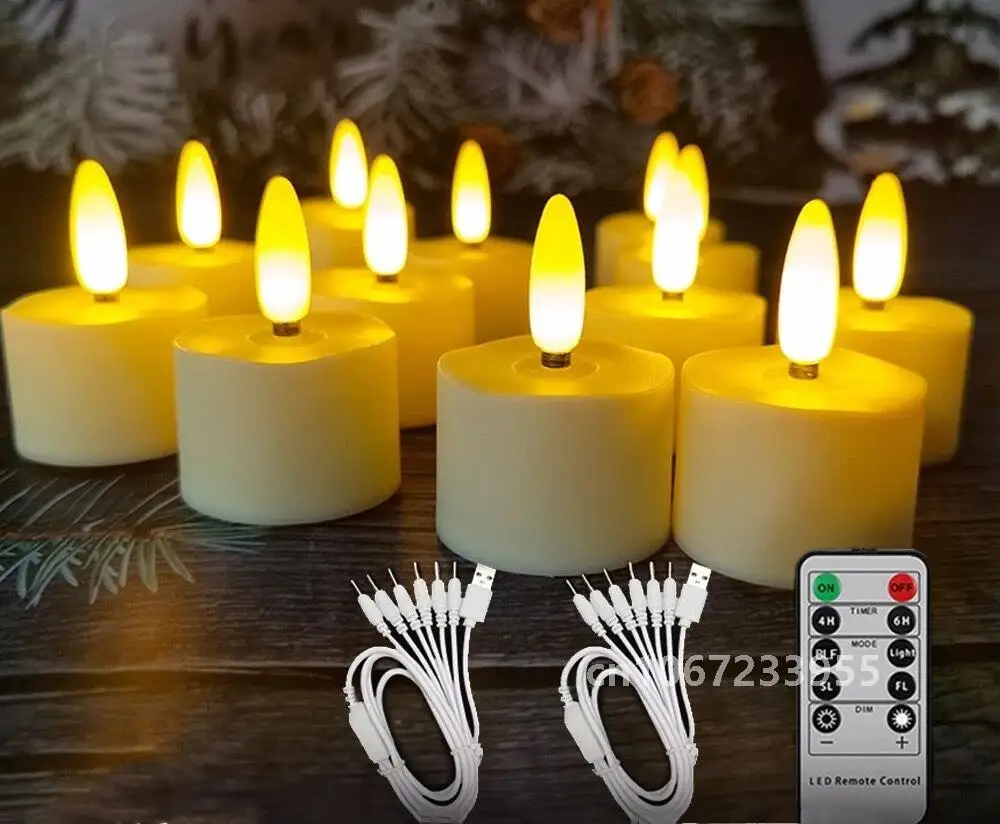 set of 6/12 Remote Controlled w/Timer Led Tea Light USB Rechargeable Tealight Warm White 3D Wick flickering Candle Lamp f/Party