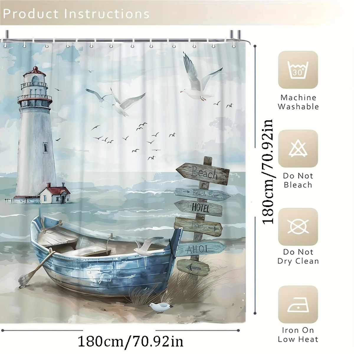 Coastal Charm Shower Curtain- Ocean Beach & Lighthouse Design, Waterproof Polyester With Hooks, Perfect For Bathroom Decor