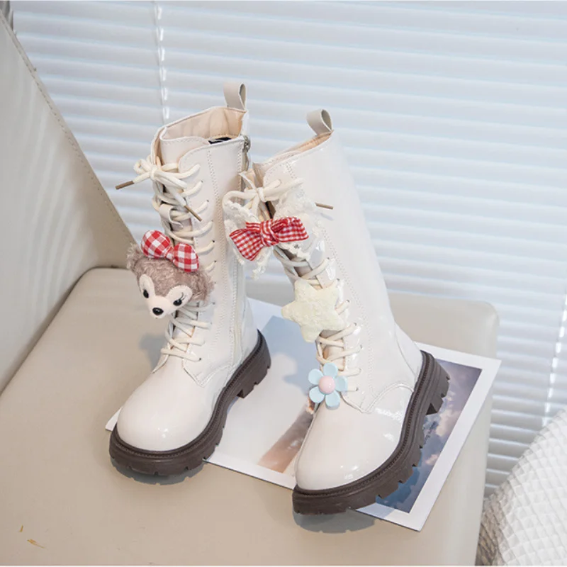 

Детская повседневная обувь, длинные сапоги из искусственной кожи, модная зимняя обувь принцессы с бантом для девочек, нескользящая белая черная обувь, размер 26-37