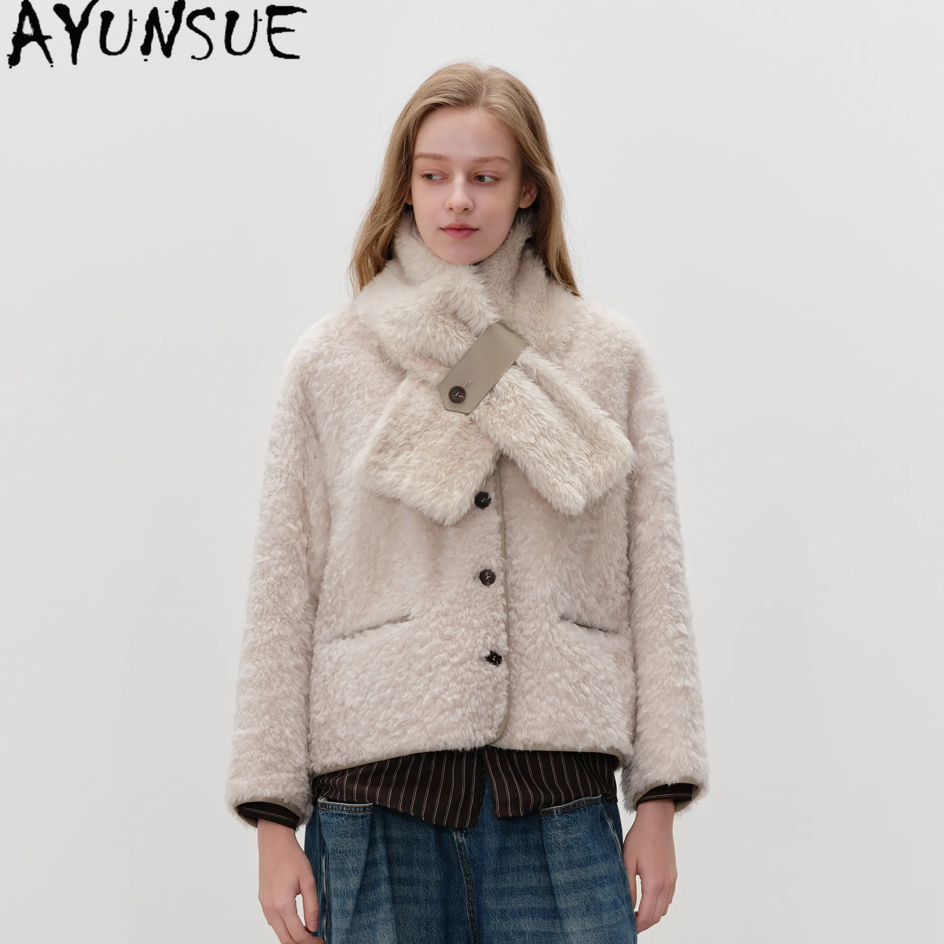 

AYUNSUE Natural Sheepskin Fur Coat Women Clothing Winter Jacket 100% Real Leather LACON Short Womens Coats with Lamb Wool Scarf