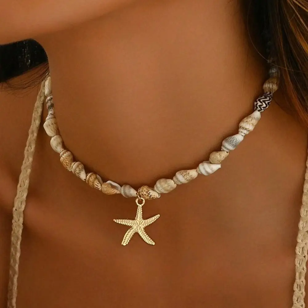 Beach Style Seashell Necklace for Women Handmade Natural Conch Pendant Beaded Choker Ocean Style Starfish Necklace Jewelry