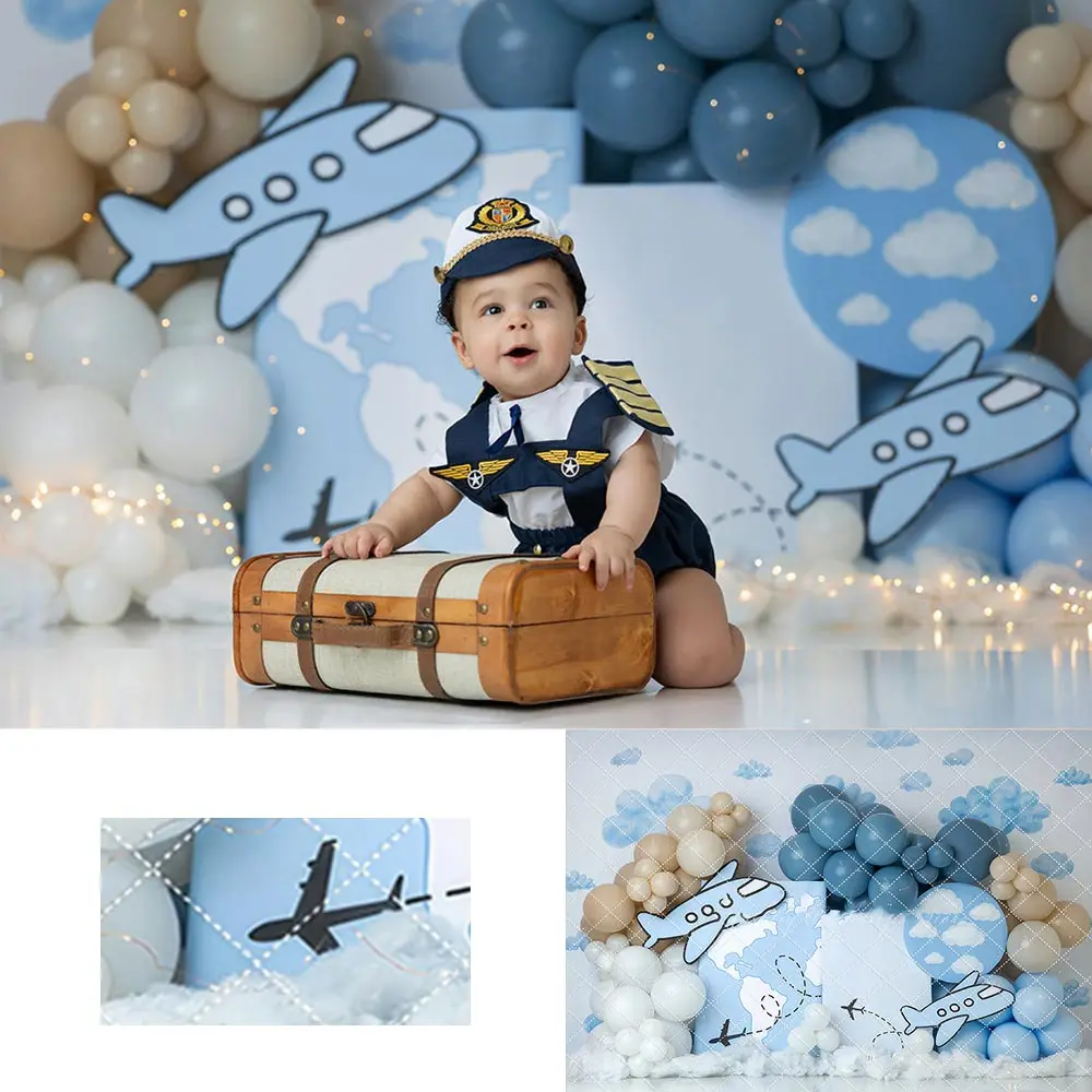 

Miles of Smiles Cake Smash Backdrop Plane and Balloons Kids Adult Photography Portrait Props Baby Girl Photocall Backgrounds