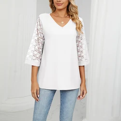 Womens Spring Summer V-Neck Chiffon Lace Blouse Tops Ladies Casual Loose Shirts T-Shirts Tee Plus Size 2024