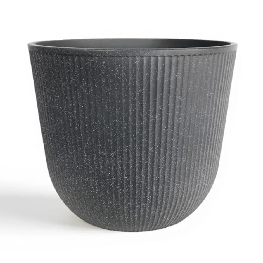 

Garden Round Large Planter Pot - 17.5" Dia x 15.5" H - Durable Plastic Grey Plant Tree Pots with Vertical Stripe Textured Finis