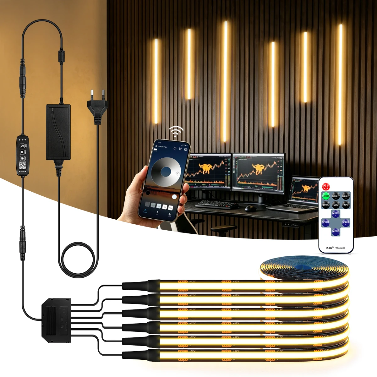 Image of Hoher CRI 90+ Smart Bluetooth APP Dimmbarer COB LED-Streifen | TV-Akustik-Raumwandpaneel Schrank-Hintergrundbeleuchtung Dekor