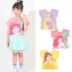 New Summer Kids Girls Princess T-shirt Cotton Cartoon Printed Mermaid Belle Rapunzel Short Sleeved Cute Thin Tee K6722