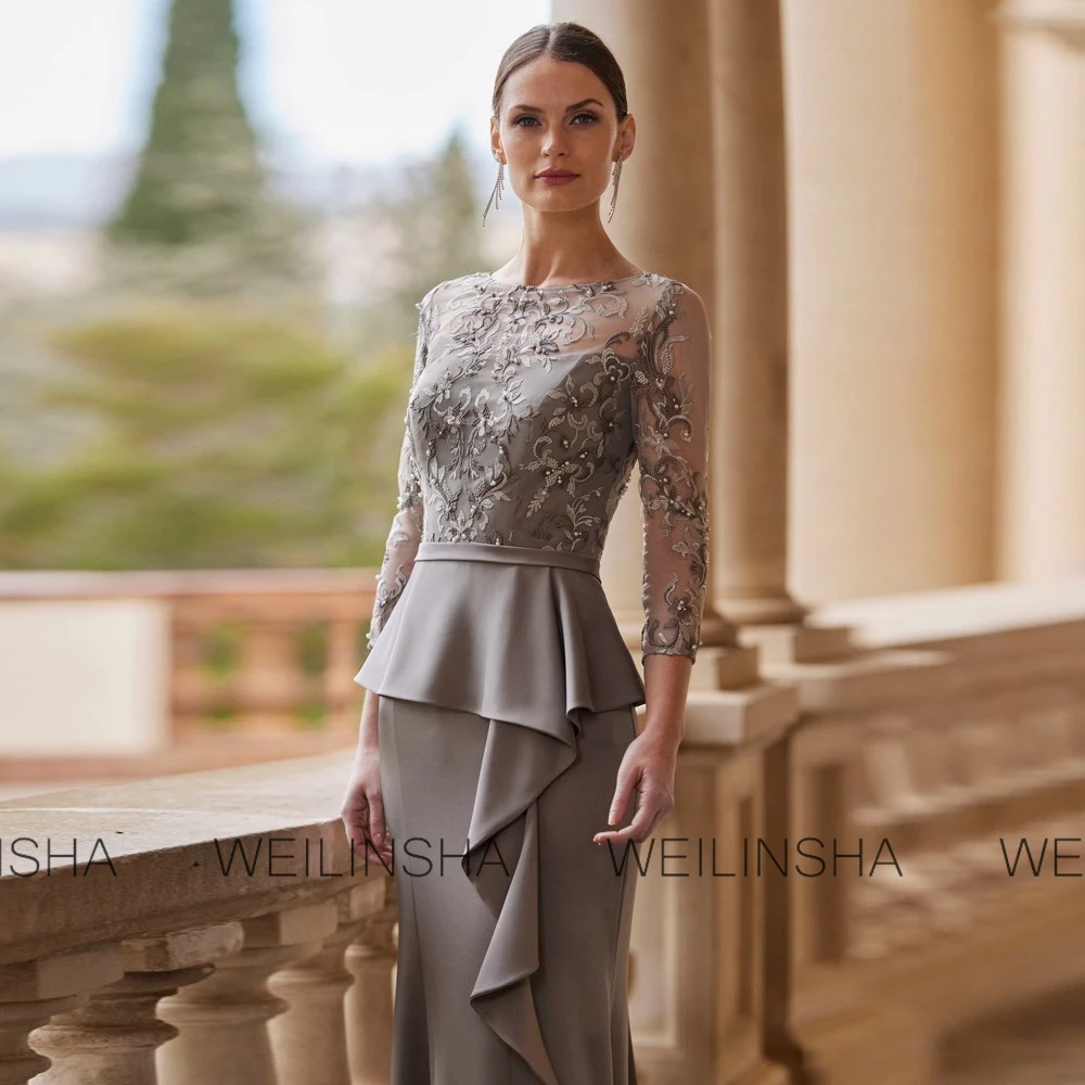 Detail Groom's Mother Dresses Jersey Sheath/Column Formal Evening Dress Grey O-Neck Embroidery Ruffles Wedding Guest Woman Dress