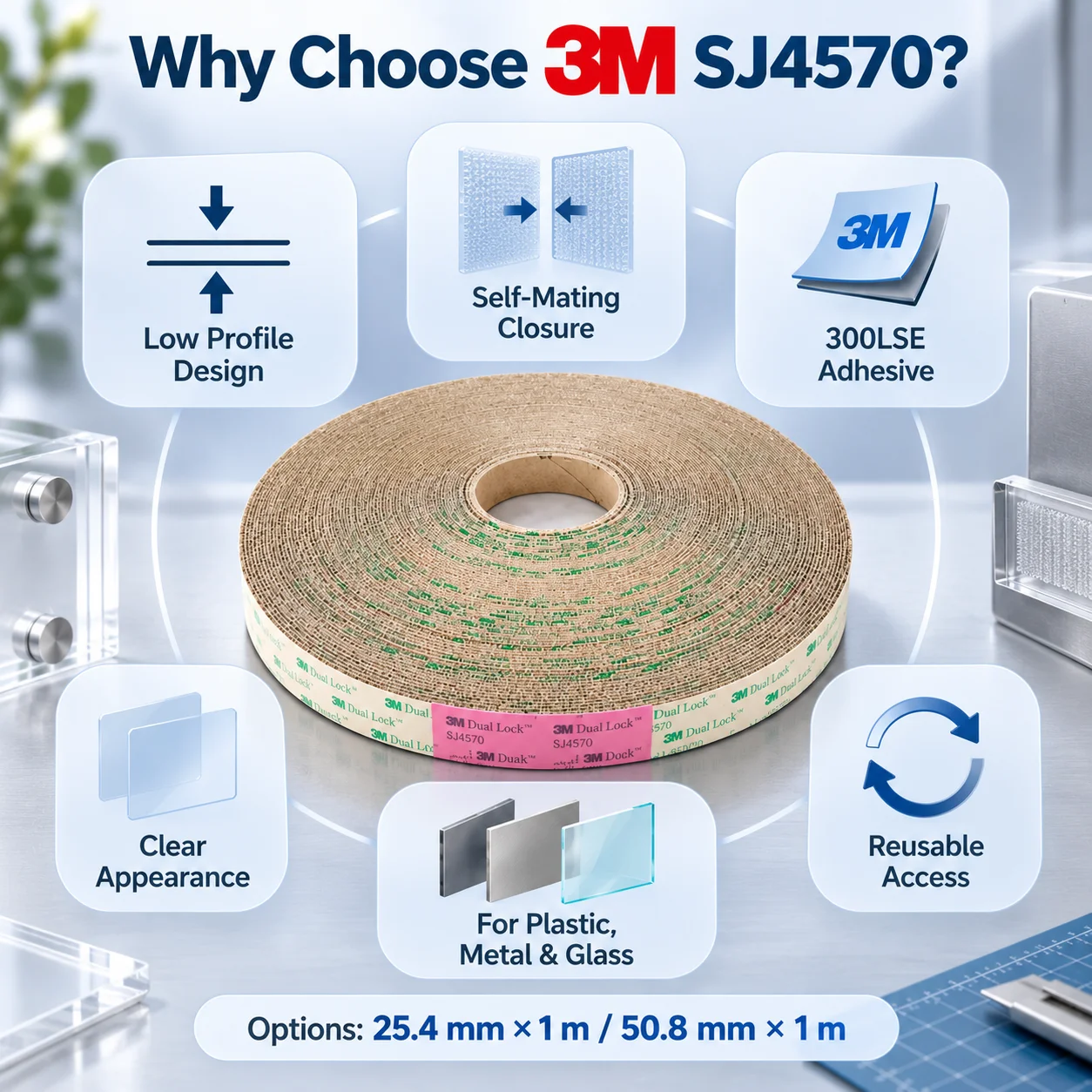 3M SJ4570 Dual Lock Low Profile Reclosable Fastener Clear 300LSE For Panel Mounting Plastic Metal Glass 25.4/50.8mm x 1m