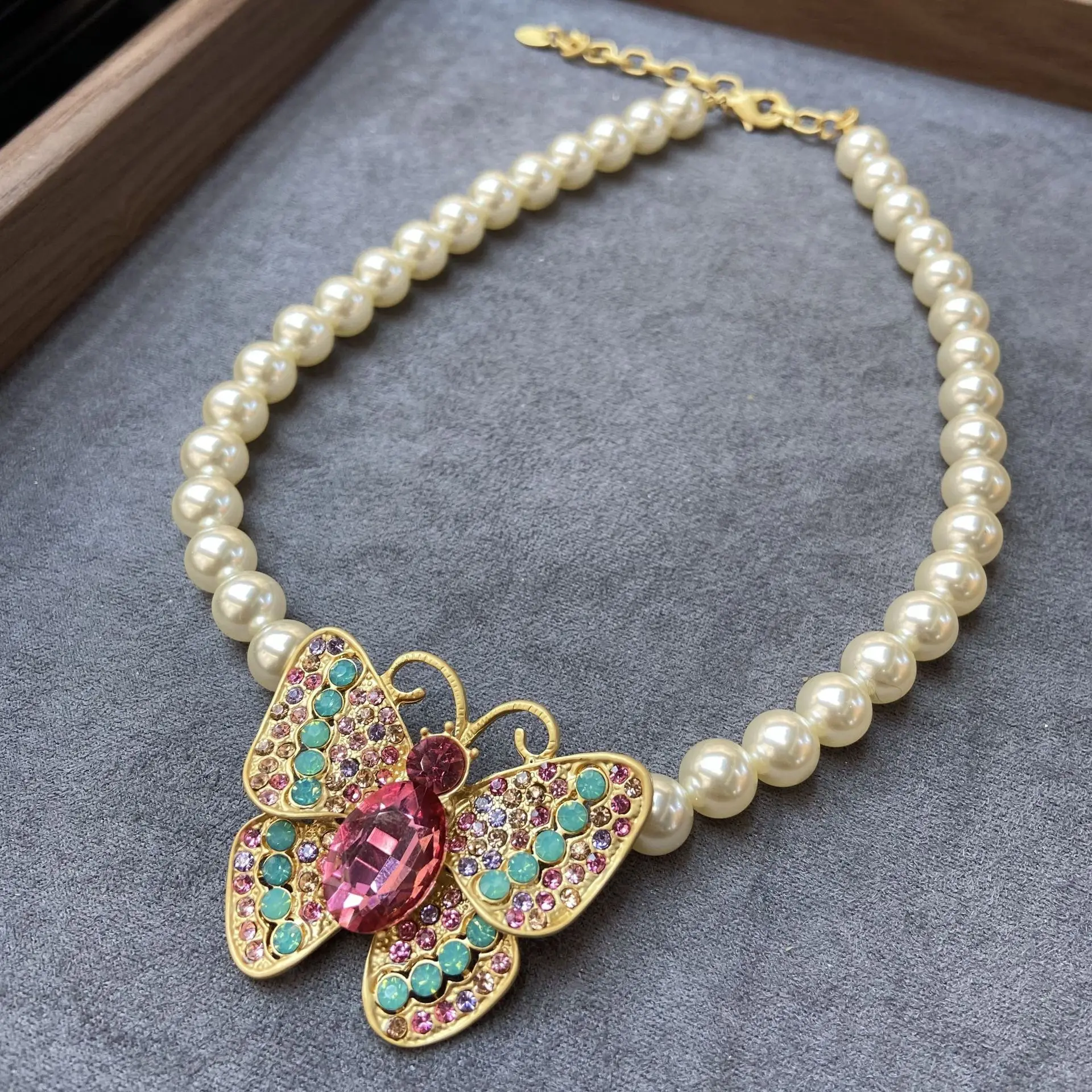 Women Vintage Copper Plated Real Gold Butterfly Pearl Necklace Earrings 2024