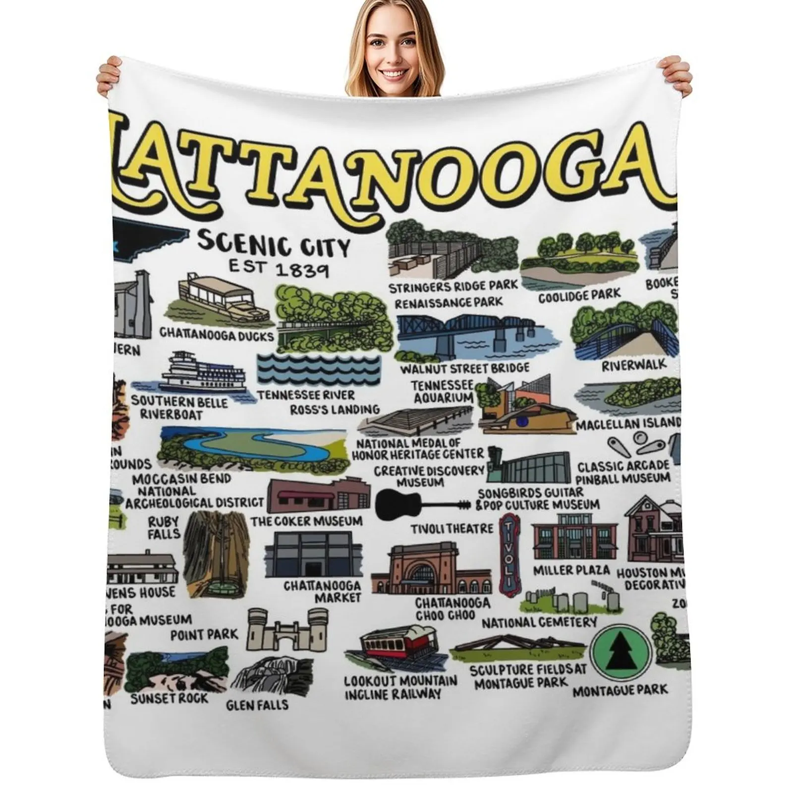 Chattanooga Map Art Throw Blanket Ultra Plush Cozy Blanket for Napping Sleeping